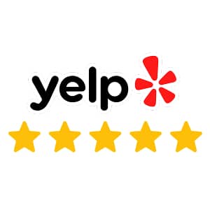 Yelp logo with five gold stars below, indicating a perfect five-star rating for Smile Xpressions.