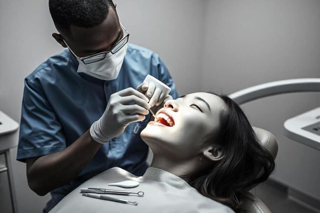 Family dentist making composite fillings to patient.