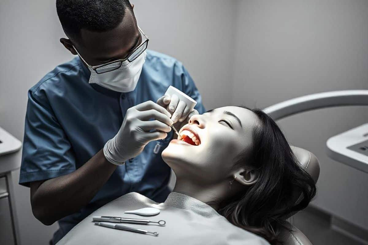 Family dentist making composite fillings to patient.