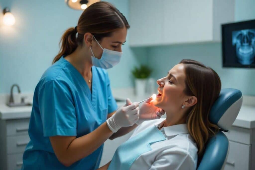 Dentist examining patient with tooth pain in a dental office setting in Artesia NM