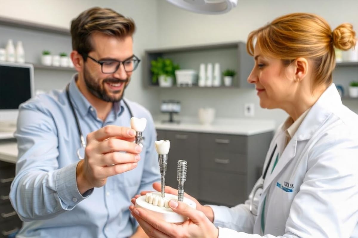 Dentist holding dental implants model in Artesia dental office