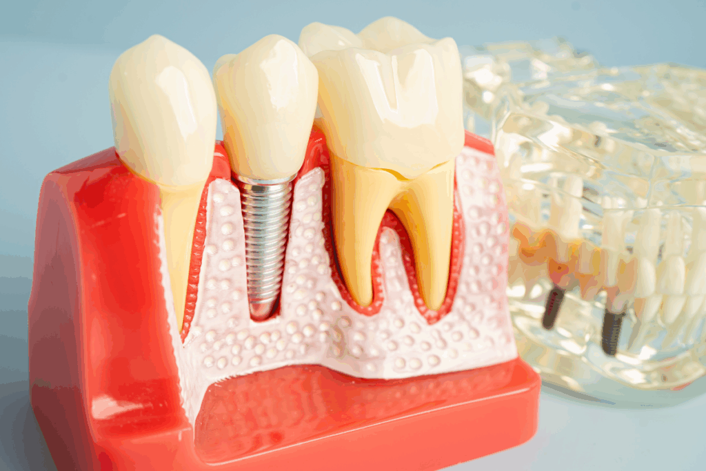 Dental implant model displaying tooth structure, crown, and root components on red base.