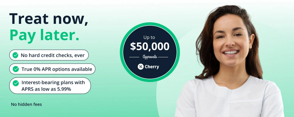 Woman smiling next to Klarna payment option showing $50,000 credit limit offer for Smile Xpressions.
